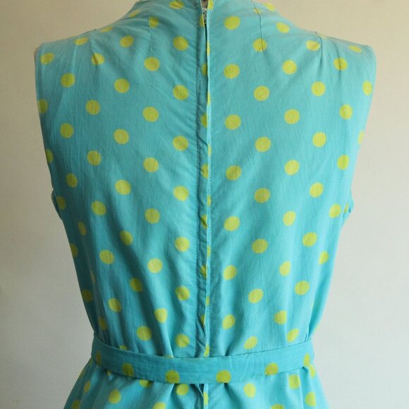 Vintage 1960s Dress with Belt, Blue with Yellow Polka Dots, Summer - Picture 8 of 10